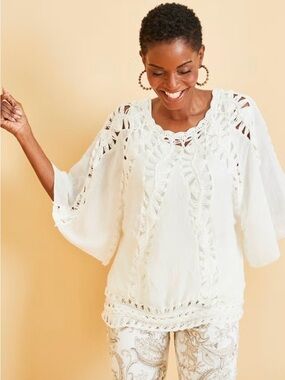 Chico's Cream Crochet-Trim Peasant Top